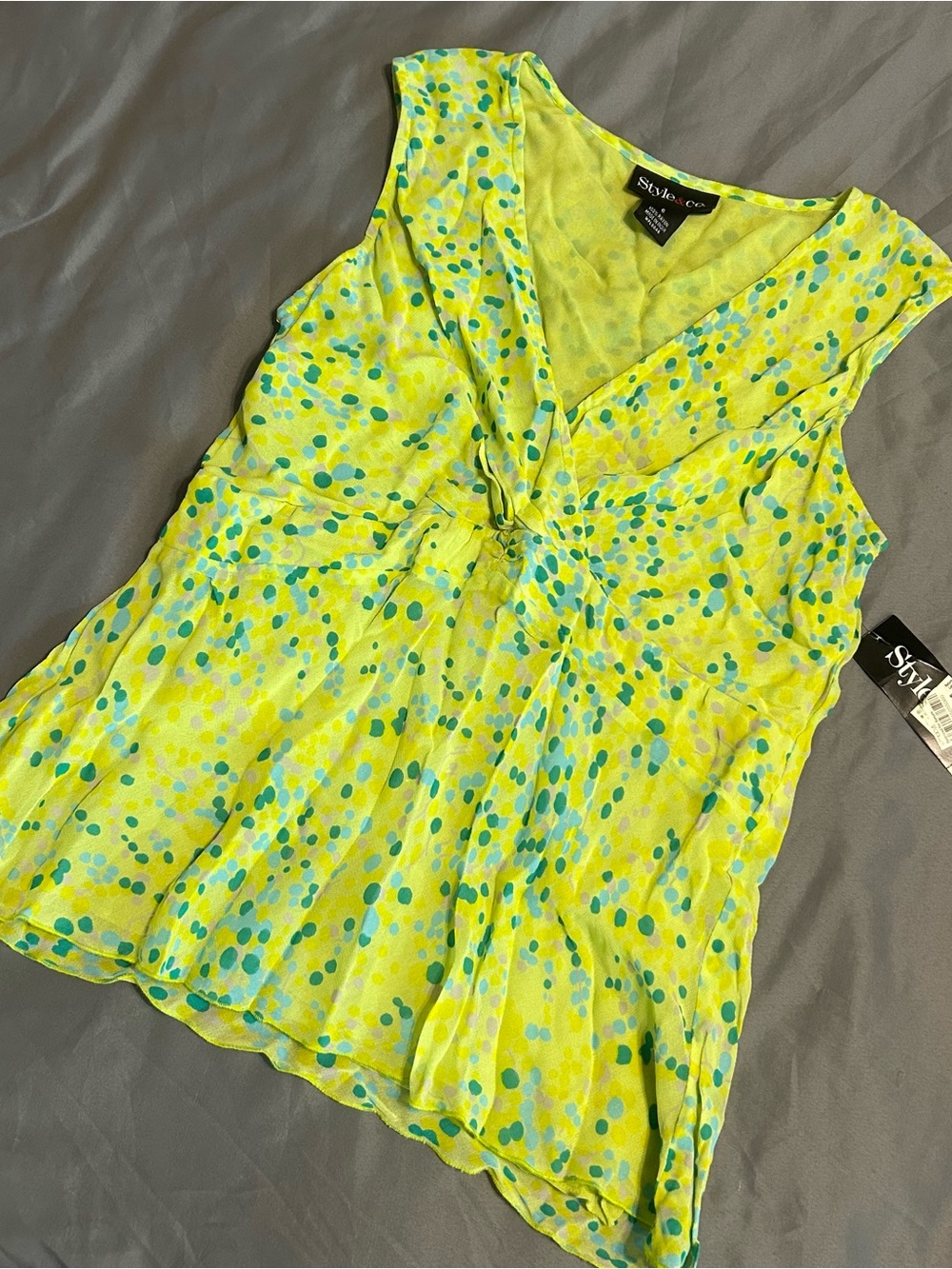 Style & Co. Yellow Green Dot Twist-Front Sleeveless Top